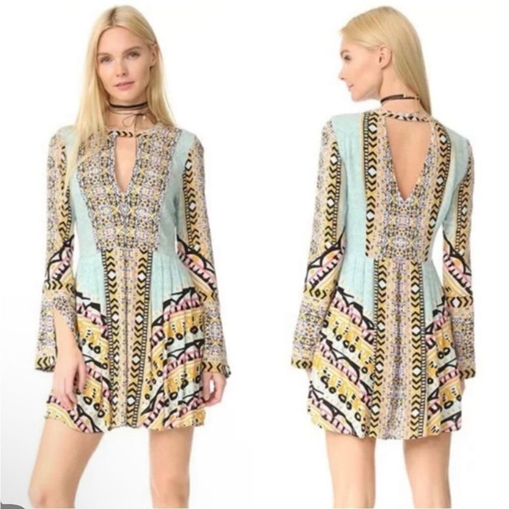 FREE PEOPLE | Teagan Boho Mini Dress Blue Yellow Pink Print Women’s Size 4